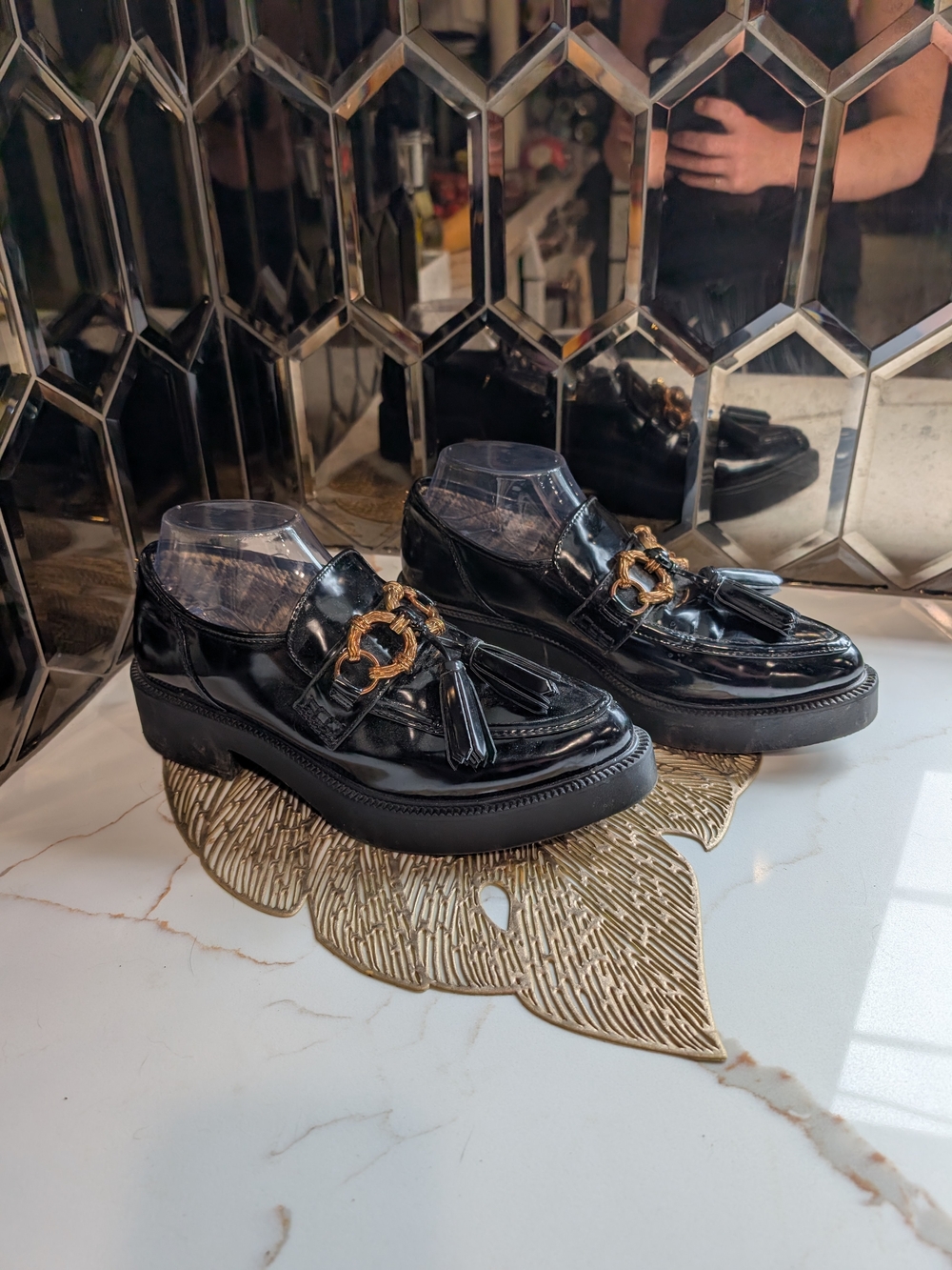 Circus NY Black Patent Tassel Loafers with Gold Accent - Women Shoes